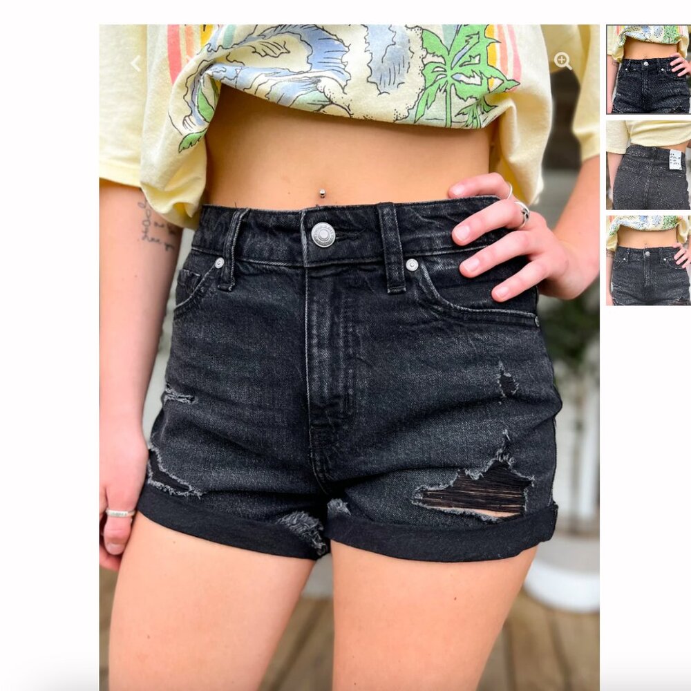 NWT Eunina Women's Large Kara Super High Rise Rolled Short Black Opium Stretch